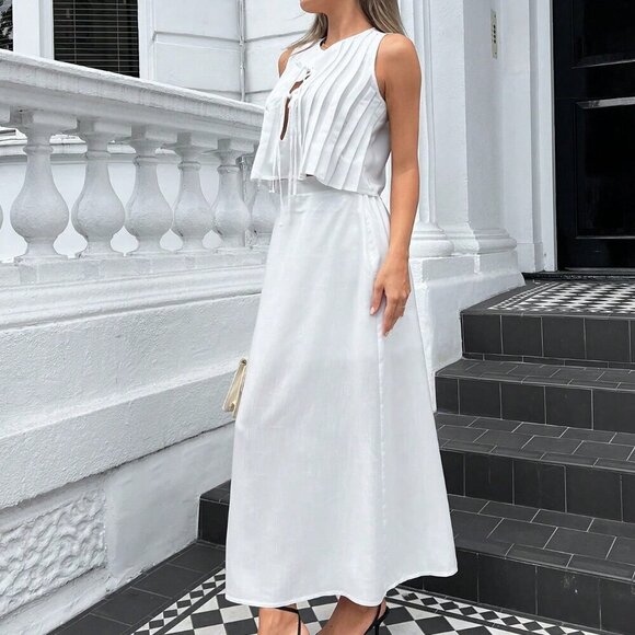 Dresses & Skirts - White Casual Women's Ribbon-Tied Ruffled Sleeveless Blouse And Long Skirt Set